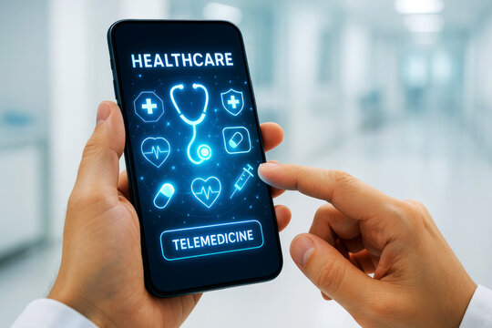 Hand holding smartphone displaying healthcare icons and telemedicine APP interface mobile