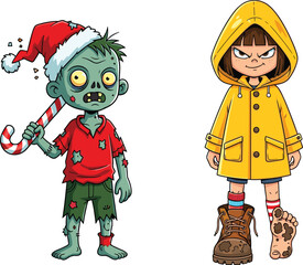 Christmas zombie cartoon, festive horror character, Santa hat monster, frightened girl in raincoat, candy cane weapon, quirky holiday humor, Christmas zombie