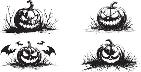 Spooky Halloween pumpkins with scary faces and bats for your holiday designs and invitations to a haunted party or spooky festival this October