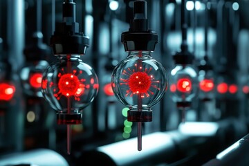 Scientific experiment with glowing red spheres in a high-tech laboratory setting