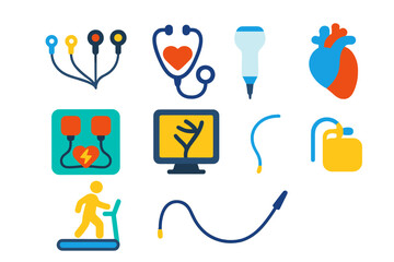Cardiology Icons Set. Flat vector icons of cardiology tools: ECG lead, stethoscope heart, ultrasound probe, defibrillator,