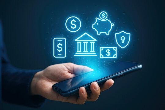 Hand holding smartphone with glowing financial icons representing digital banking and savings 