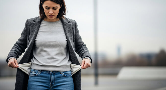 Upset woman showing empty pockets, symbolizing financial hardship, bankruptcy, unemployment, and economic crisis
