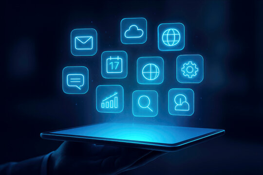 Hand holding tablet with glowing blue digital interface and APP icons against dark background  - Powered by Adobe