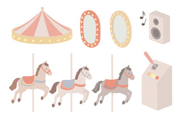 Naklejka premium Classic Carousel Elements. Isometric vector illustration set Classic Carousel Ride Elements: three carousel horses mid-motion,