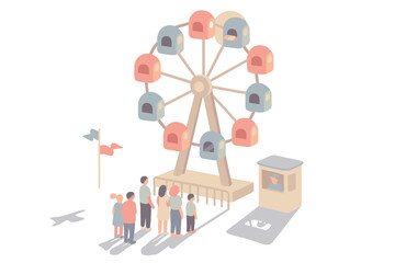 Pastel Ferris Wheel Scene. Isometric vector illustration set Ferris Wheel from Ground Perspective: looking up at towering wheel,