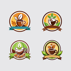 Collection of Coffee and Tea Badges with Natural Leaf and Bean Motifs