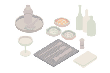 Bar Setup Illustration. Isometric vector illustration set Bar Setup with Cocktail Tools: tray with shaker and strainer, fruit