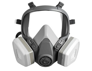 Industrial 3D Respiratory Mask with Dual Air Filters, isolated on a transparent background.