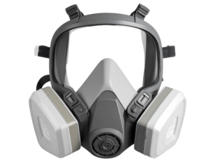 Industrial 3D Respiratory Mask with Dual Air Filters, isolated on a transparent background.
