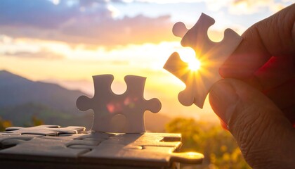 Completing a puzzle at sunset, representing teamwork, solution, and connection