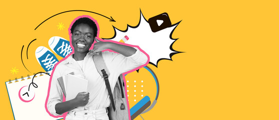 A joyful student stands confidently, holding notebooks and wearing a backpack. Bright colors and playful graphics surround her, capturing the essence of education and youth.