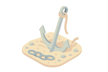 Submerged Anchor Scene. Isometric vector illustration set Submerged Anchoring Scene: seabed with chain indentations, hook-style