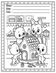 Fluffy Friends Coloring Page & Book for Adults and Kid. High resolution (300 DPI), Ready to print on standard 8.5x11-(A4) inch paper With (No Bleed), Black and White. Vector illustration