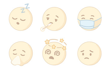 Fototapeta premium Cute Emoji Faces. Isometric vector illustration set of cute round emoji faces: sleepy zzz, sick thermometer, mask face, sneeze