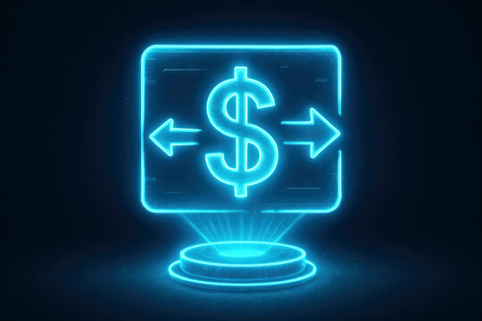 Holographic blue dollar sign icon with arrows indicating money transfer on a dark background currency