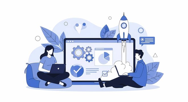 People working together on digital transformation projects using laptops for software development and business growth strategy planning to achieve goals with rocket launching technology for