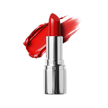 Vibrant red lipstick stands prominently against clean transparency background, showcasing its glossy finish and sleek packaging. bold color evokes confidence and elegance, perfect for any makeup