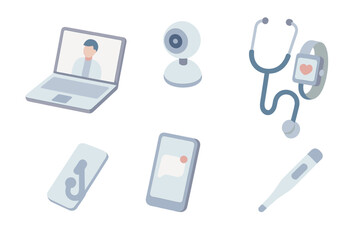 Telemedicine Icon Set. Isometric vector illustration set of telemedicine icons: laptop consultation screen, webcam, stethoscope