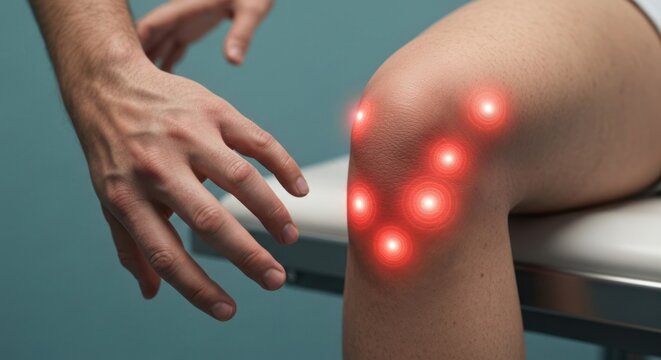 Knee pain shown with glowing red spots, and hands touching it