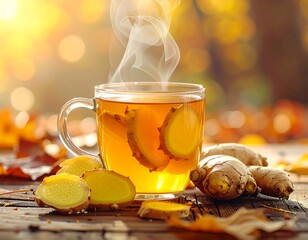 Warm ginger tea in autumn sunlight