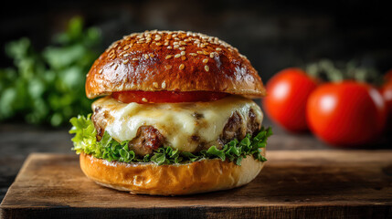 Gourmet burger with melted cheese, lettuce, and tomato on sesame bun, rustic background, food photography