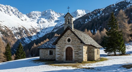 Small stone chapel nestled in a snowy alpine landscape with pine trees and mountains
