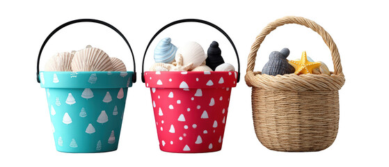 Colorful beach buckets filled with seashells, arranged on a white background, evoking summer vibes