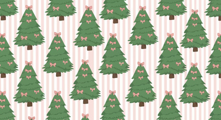 Seamless pattern featuring vintage-style Christmas trees with pink bows on a striped background, white background