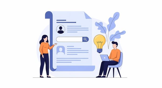 Professional human resources experts collaborating together to search for qualified job candidates within a digital database while sharing creative innovative project development ideas for