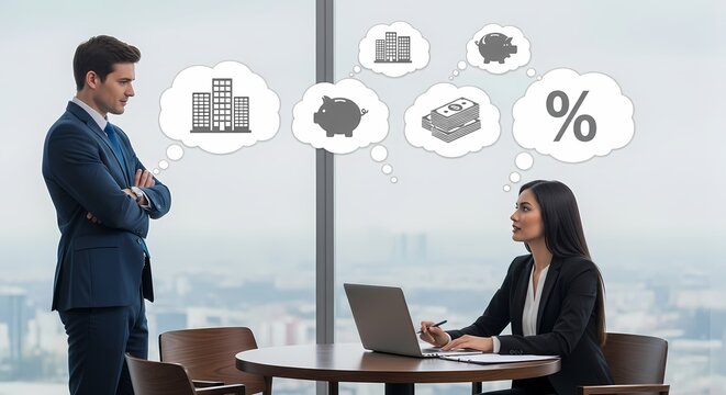 Business professionals collaborating inside a corporate office discuss financial investments regarding real estate building property and savings accounts while looking at digital projections of