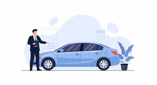 Professional automotive dealer presenting a new vehicle to a potential customer in a dealership showroom environment to facilitate a successful purchase transaction and ensure quality service