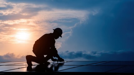 Technology solar cell, Engineer service check installation solar cell on the roof of factory on the morning. Silhouette technician inspection and repair solar cell on the roof of factory.