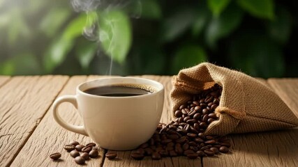 steaming white cup of black coffee sits on rustic wooden table next to burlap sack overflowing with roasted coffee beans scattered on the surface with green foliage in the background - Powered by Adobe