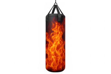 Punching bag burning with fire concept, transparent background
