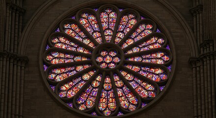 Obraz premium Vibrant Rose Window Captivating Stained Glass Architectural Masterpiece Illuminated by Light