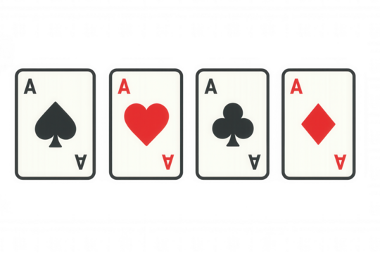 Playing cards showing four aces, a strong poker hand representing success, achievement, and winning on transparent background - Powered by Adobe