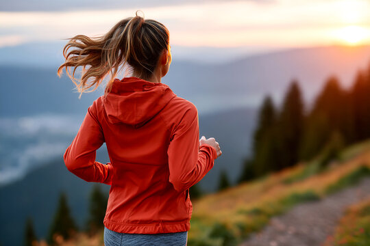 Woman jogging on mountain trail at sunset with scenic view in background Generative AI
