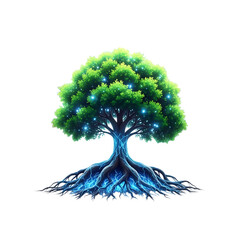 Enchanted forest tree with luminous roots and green canopy