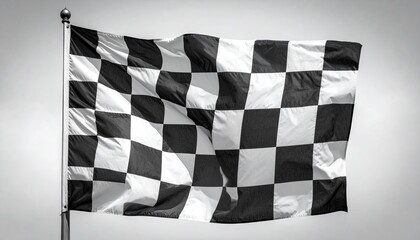 Checkered racing flag waving on flagpole against gray sky