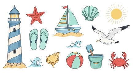 A charming hand-drawn style vector illustration showcasing coastal summer elements, white background