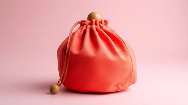 Coral drawstring pouch on pink background
