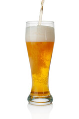 Beer flowing into  glass isolated on white background