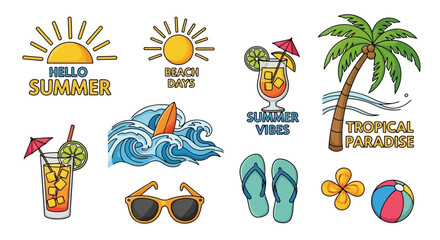 Set of summer themed vector illustrations with sun, waves, palm tree, and summer quotes, white background