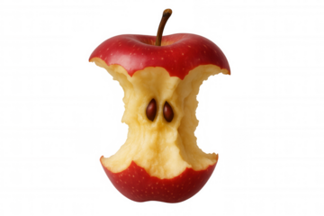 Red apple core with visible seeds on transparent background, symbolizing diet, organic food and healthy eating
