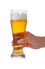 Glass of beer in hand isolated on white background