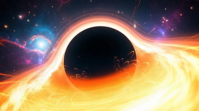 colossal black singularity dominates encircled by brilliant glowing orange-yellow accretion disk Streaks of radiant energy intertwine with cosmic dust and distant stars across vivid nebula-filled gala
