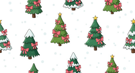Seamless pattern with cute cartoon Christmas trees and pink bows on a polka dot background, white background