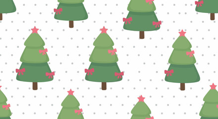Seamless pattern with cute cartoon Christmas trees and pink bows on a polka dot background, white background
