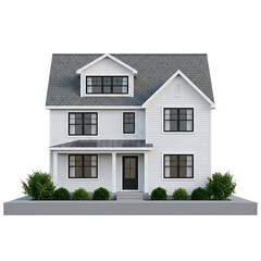 Modern two-story white house with dormer windows and landscaping on display